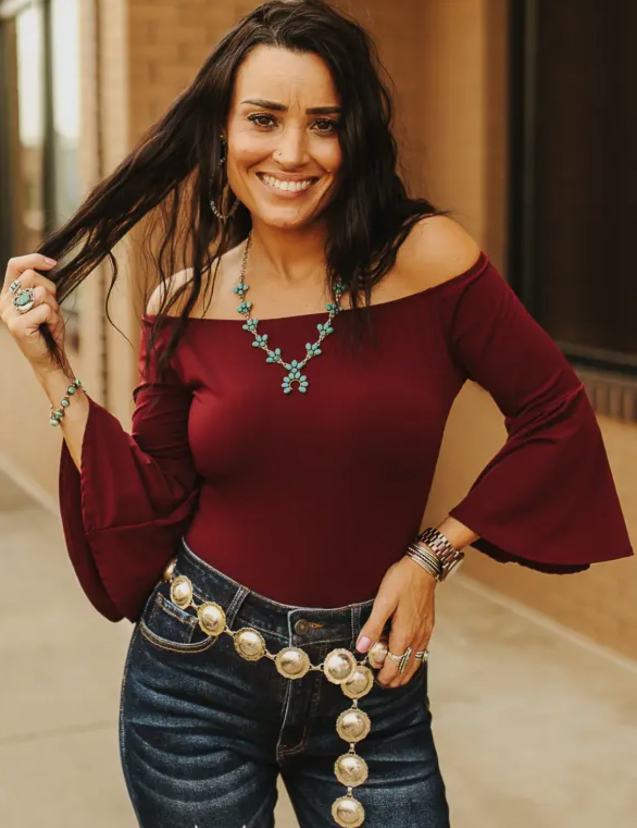 Wine off shoulder bell sleeve bodysuit