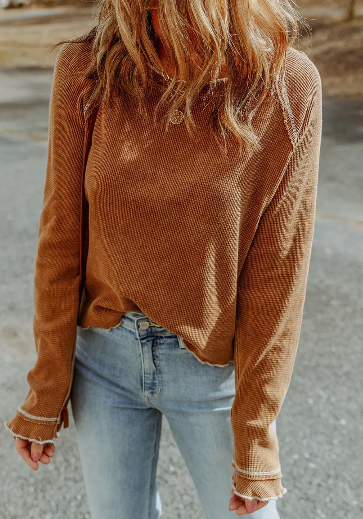 Textured round neck long sleeve top