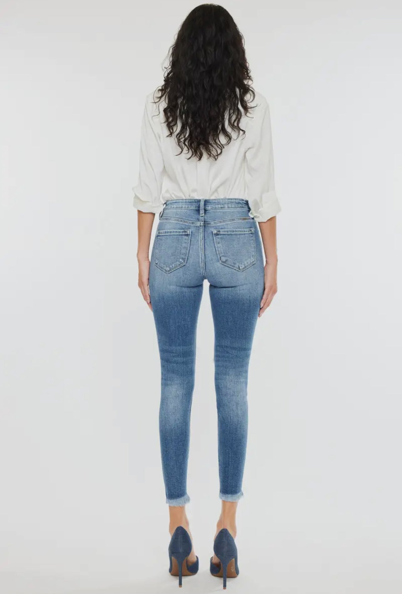 High rise frayed ankle skinny