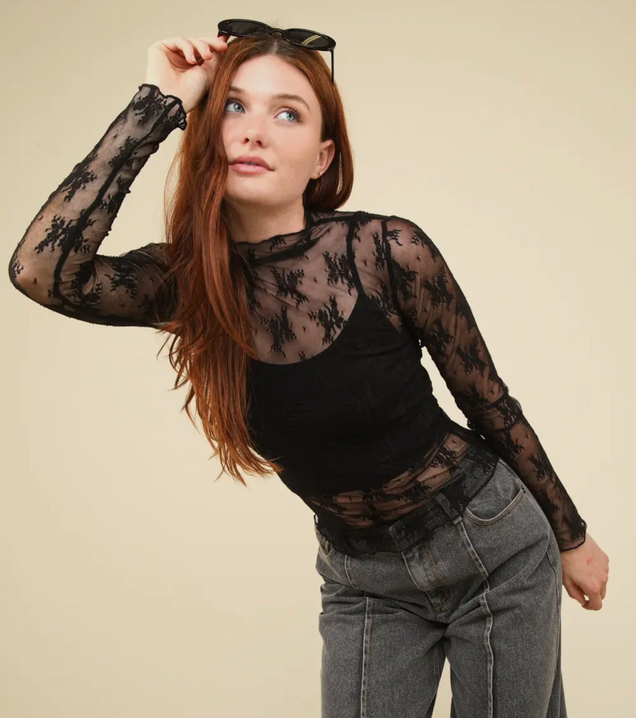 High neck sheer mesh lace top
