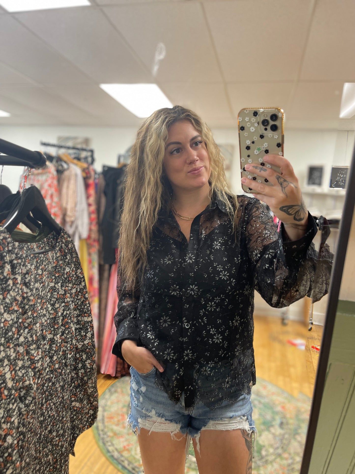 I tried a ring on, lace blouse