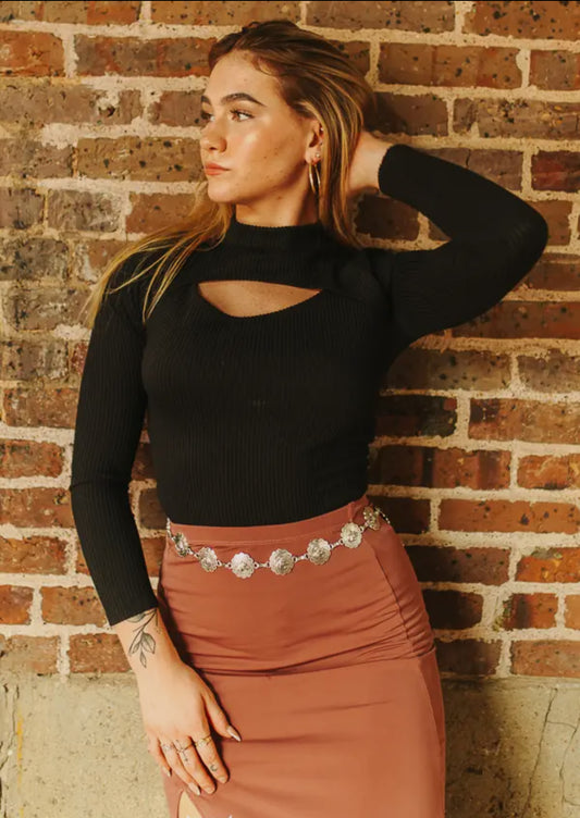 Black ribbed cut out long sleeve top