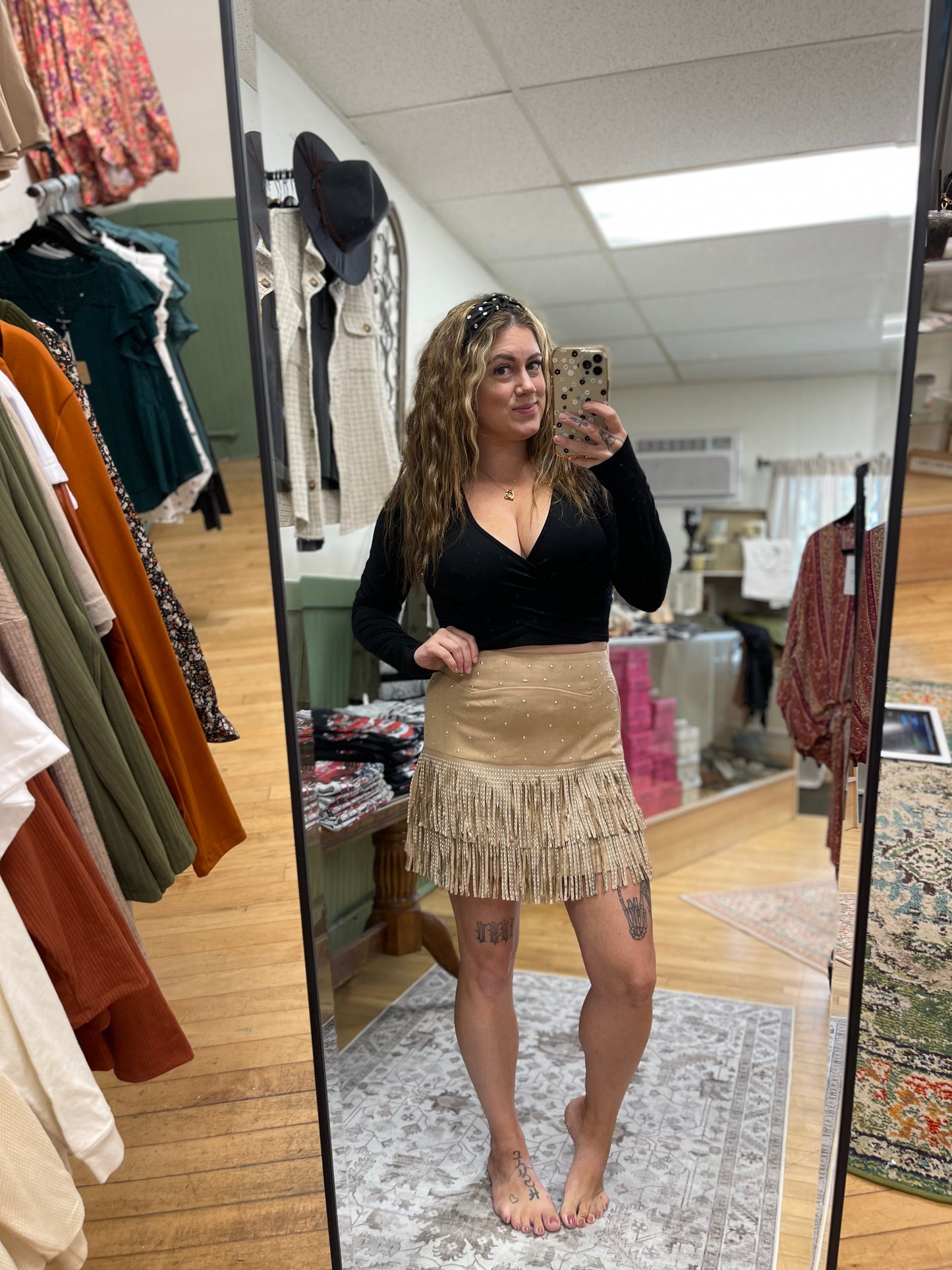 Hang tight honey, fringe mini skirt