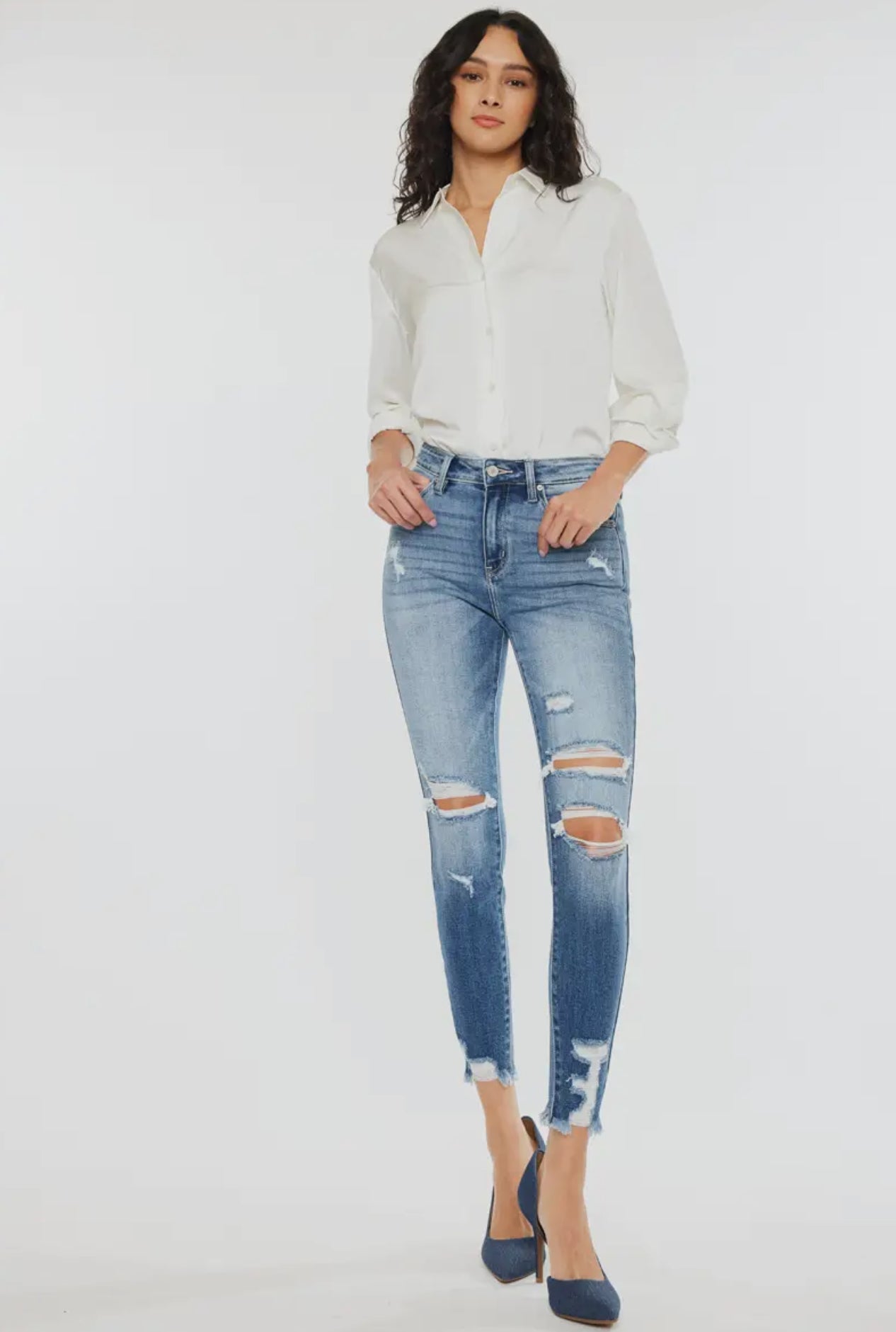 High rise frayed ankle skinny
