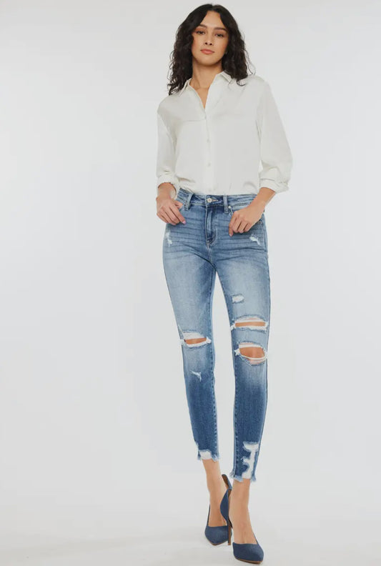 High rise frayed ankle skinny