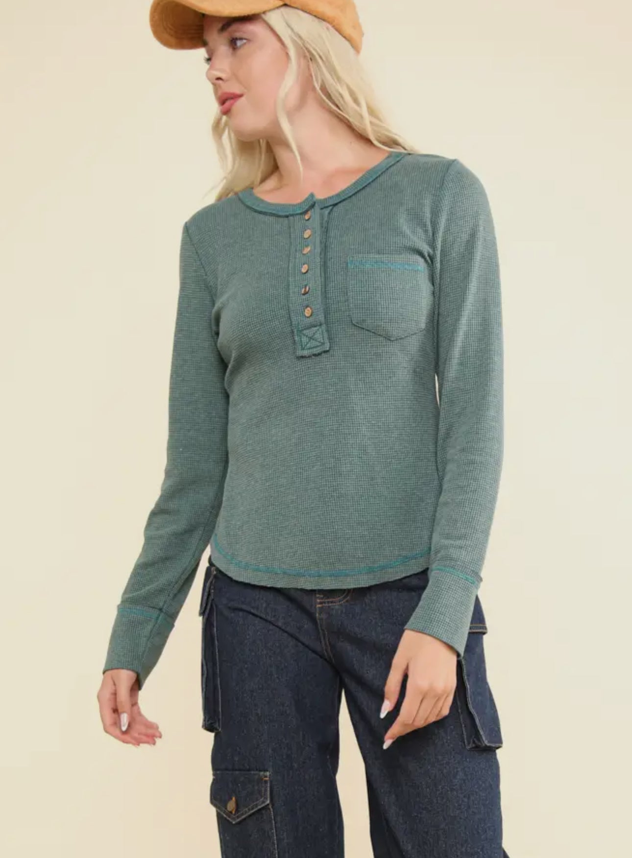 Button down washed waffle knit top