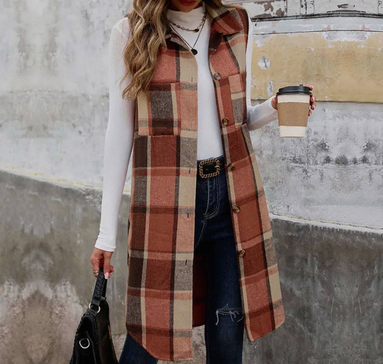 Retro plaid cardigan vest