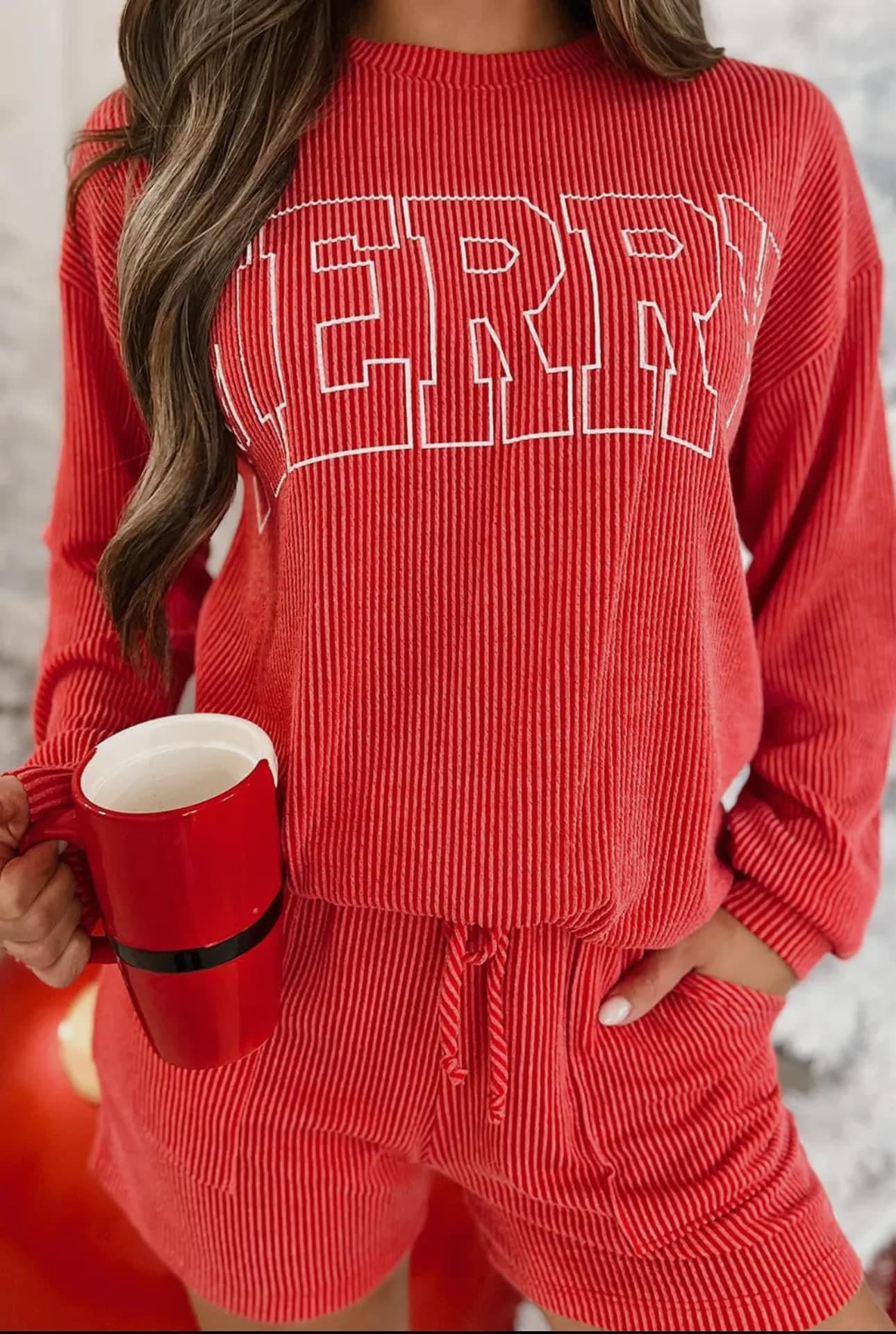 Ribbed merry long sleeve and short set