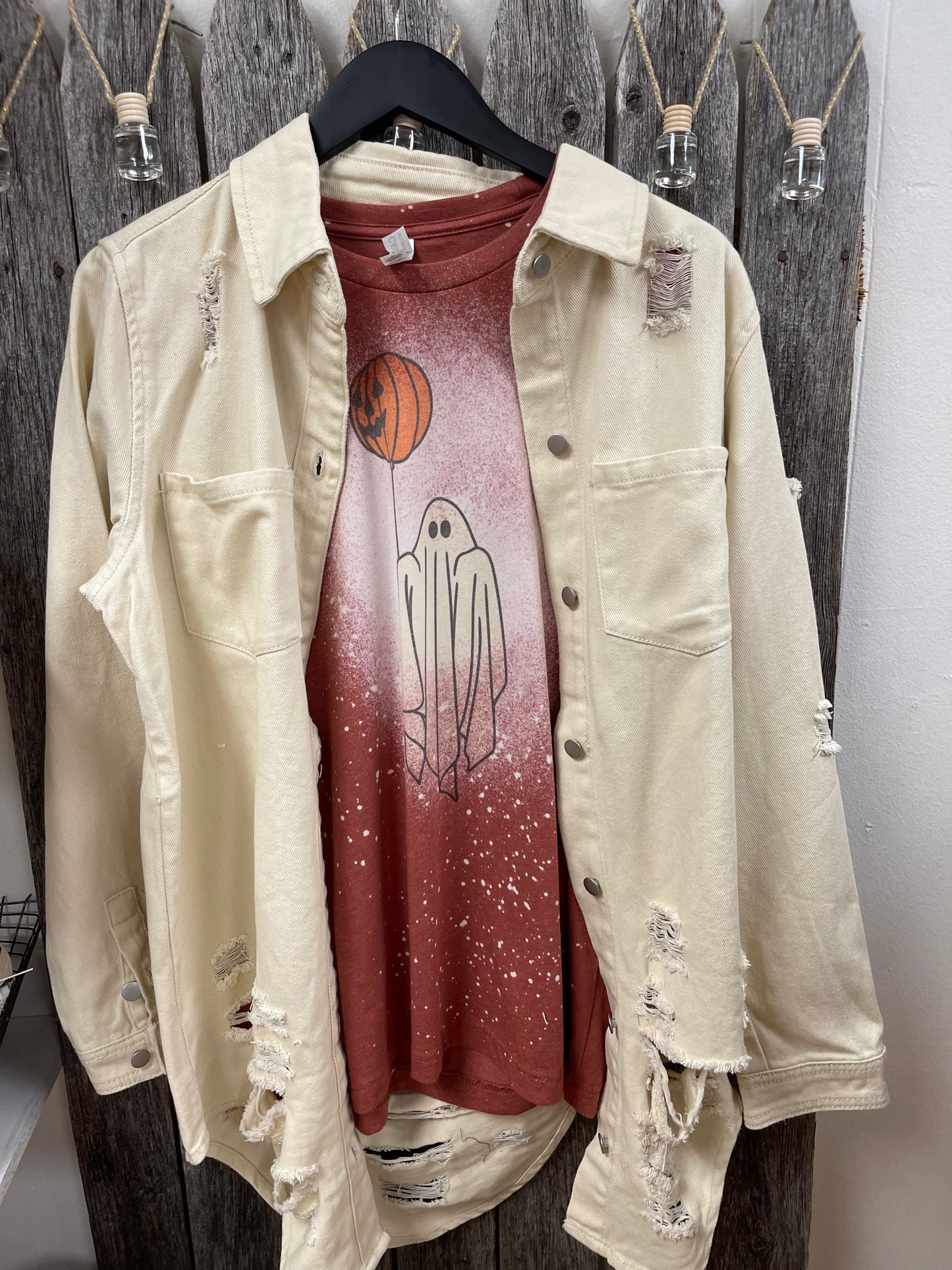 Long length distressed denim cream