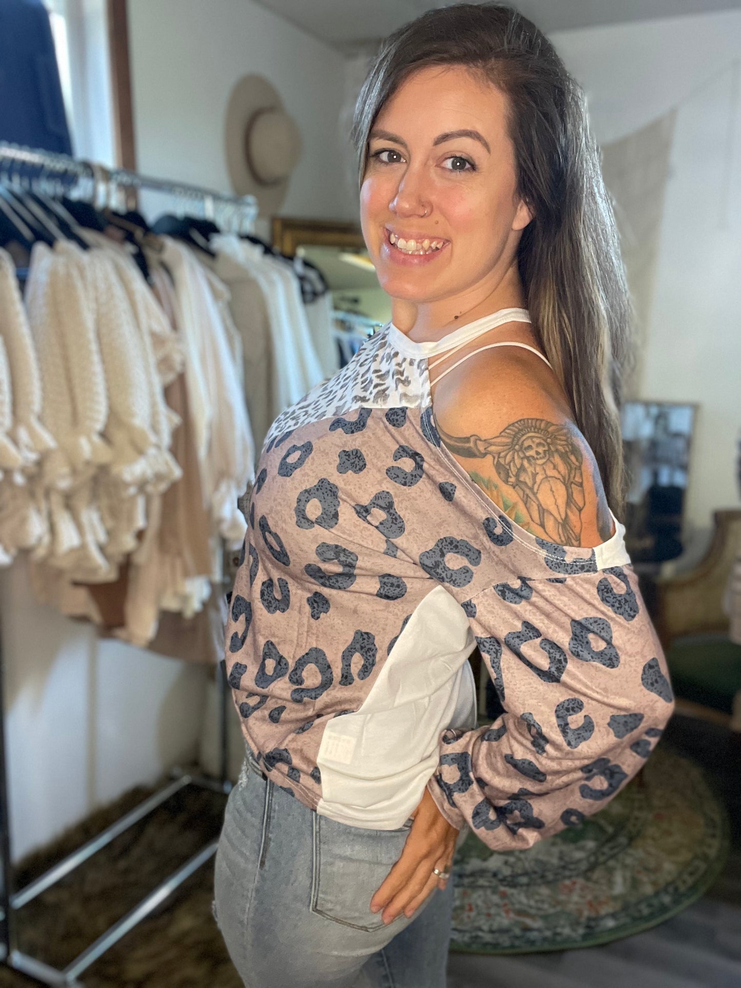 Leopard color block cold shoulder top