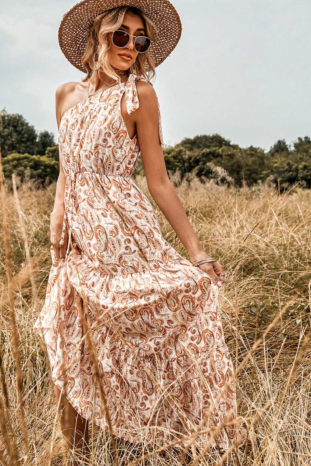 Paisley print one shoulder maxi dress